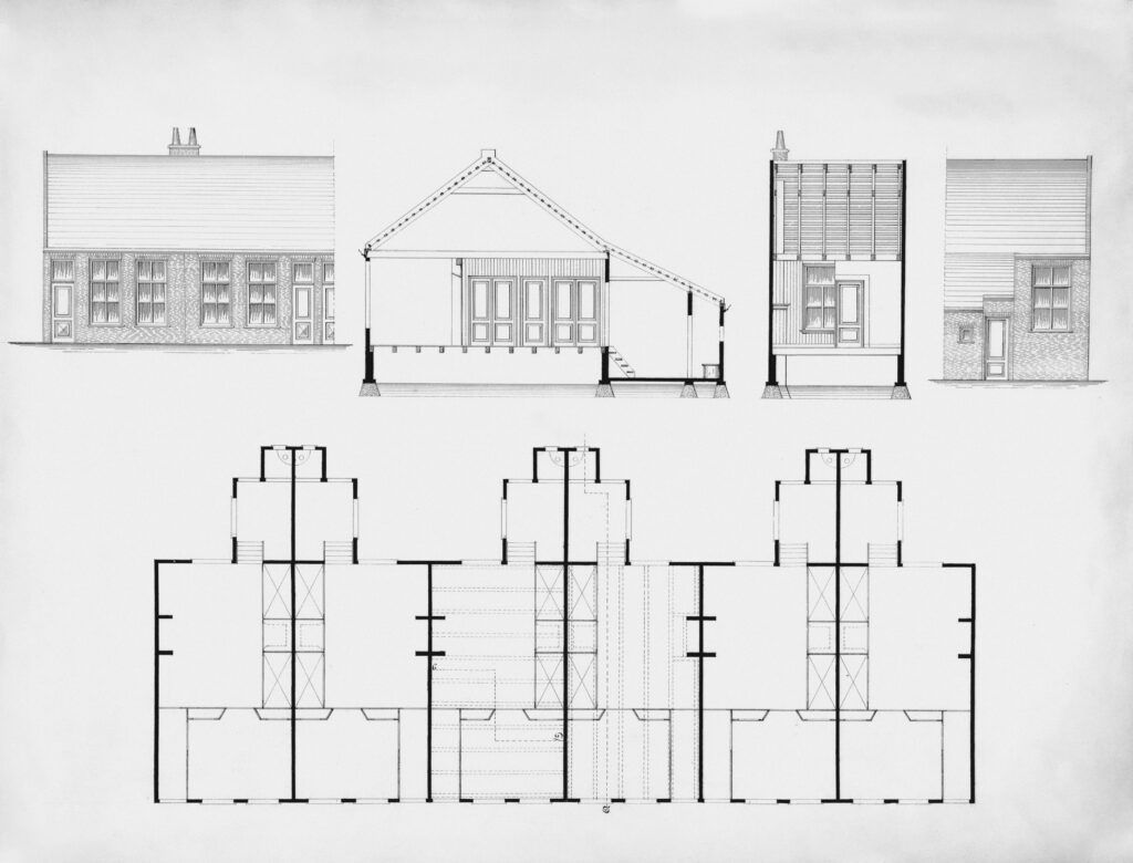 Elevation, section and floor plan drawings of a row of houses