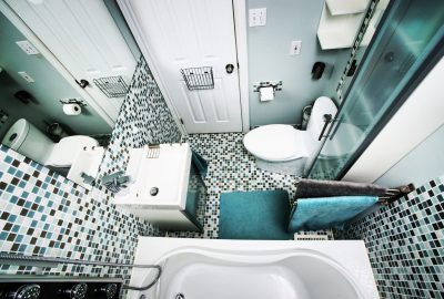 Small,,Modern,Bathroom,Interior.,Mosaic,Tiles.,White.,Gray.,Blue.,Well Small, modern bathroom interior. Mosaic tiles. White. Gray. Blue. Well organized space.